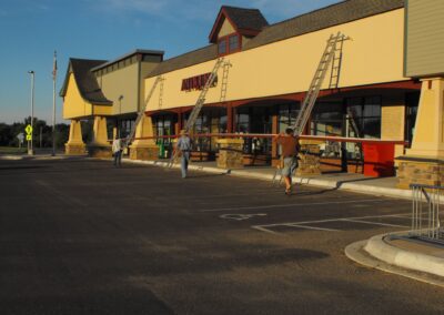 Gutters being installed on a business